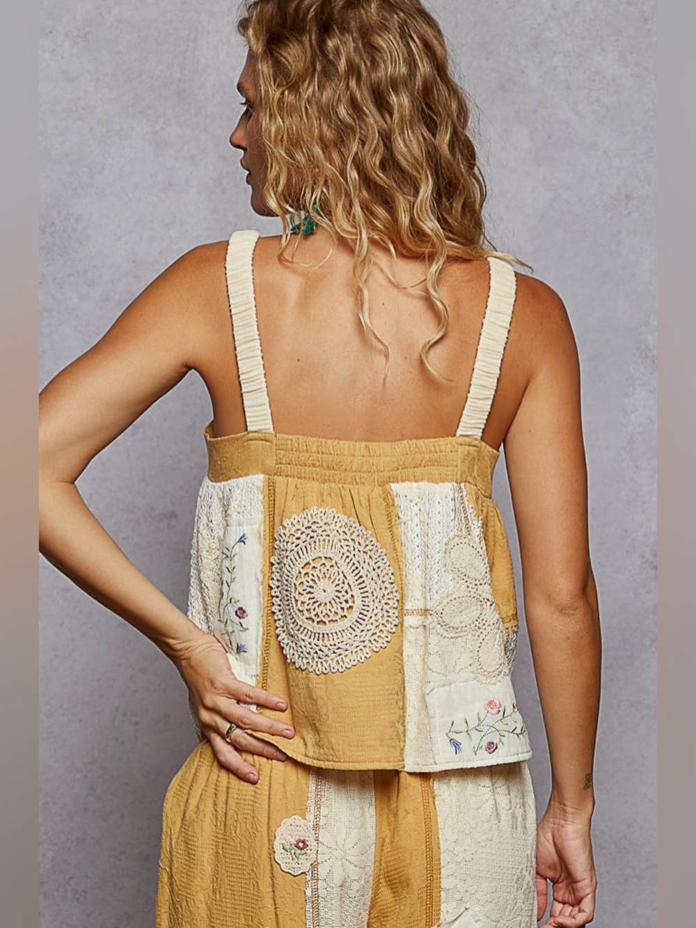 POL Patchwork Cream and Mustard Top and Wide-Leg pant set - Picture 8 of 12